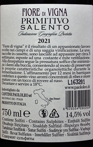 PRIMITIVO SALENTO 2019 - "FIORE DI VIGNA" - Cantine Paolo Leo