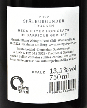 Etikett Spätburgunder Spätlese trocken, 2021 Herxheimer Honigsack – im Barrique gereift