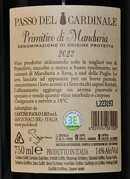 Etikett PRIMITIVO di Manduria - PASSO DEL CARDINALE 2017 - Cantine Paolo Leo