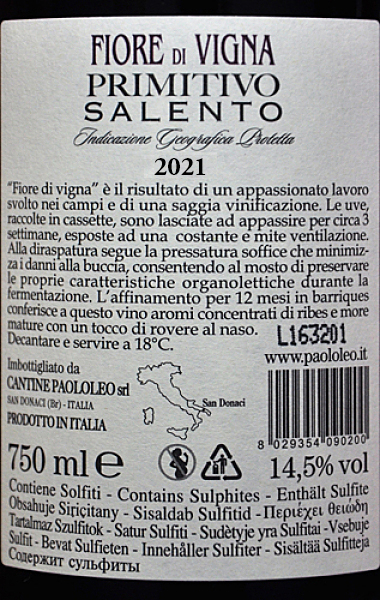 PRIMITIVO SALENTO 2019 - "FIORE DI VIGNA" - Cantine Paolo Leo