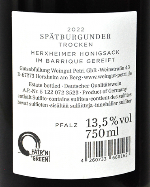 Etikett Spätburgunder Spätlese trocken, 2021 Herxheimer Honigsack – im Barrique gereift